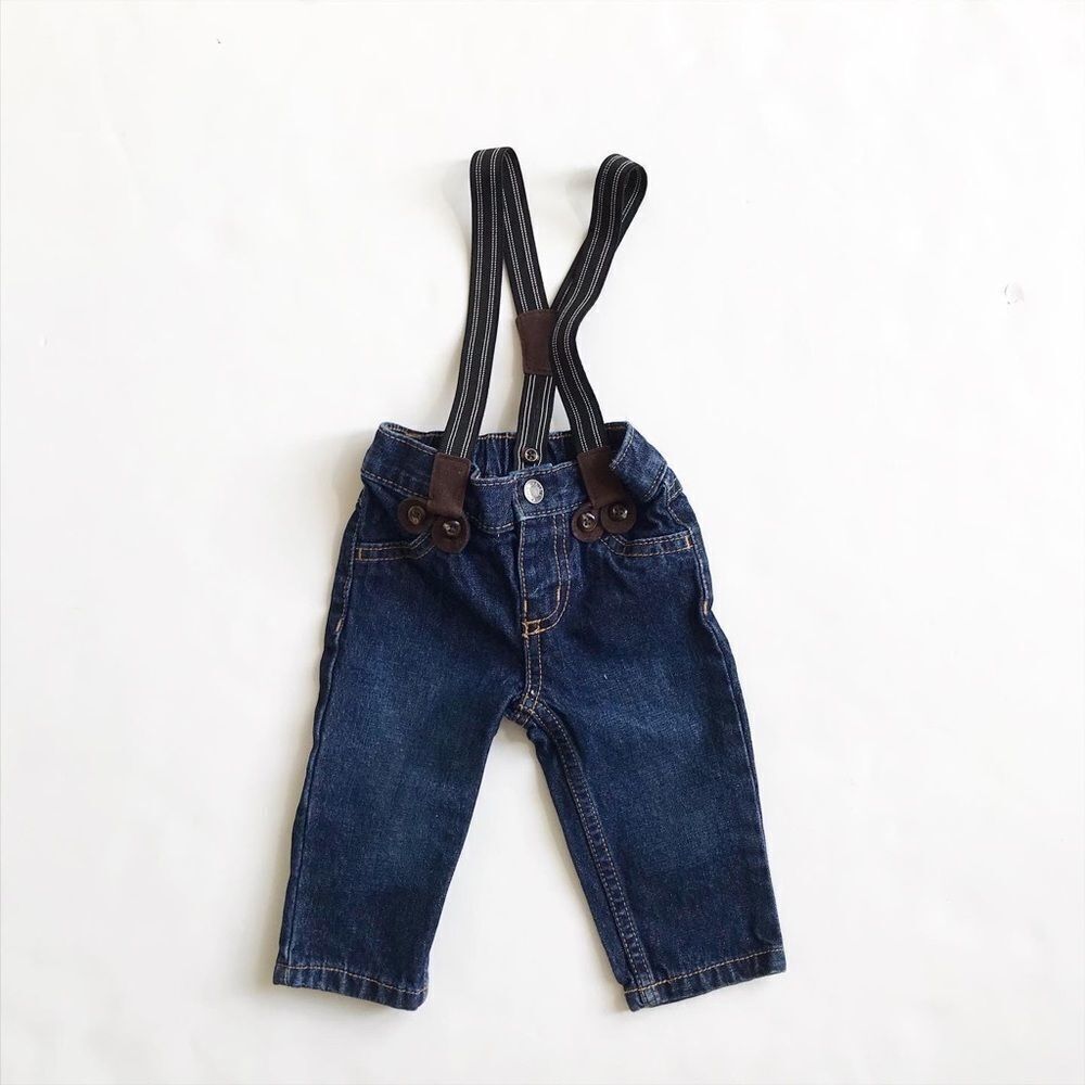 Carters dark denim suspender jeans EUC 6 months
